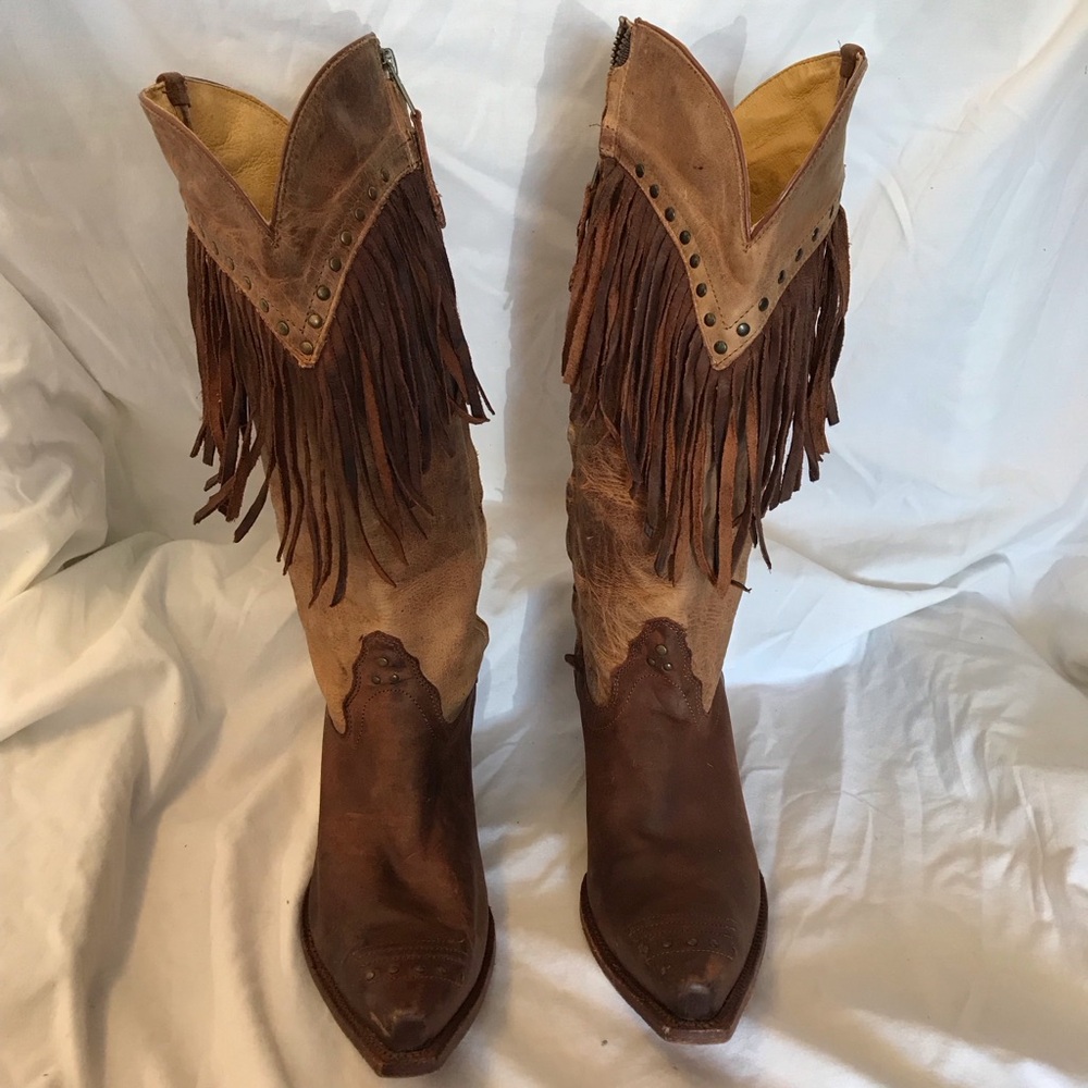 Tony Lama Fringe Western Knee-High Boots - Brown